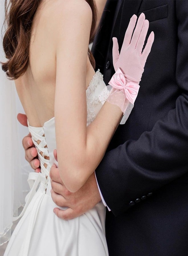 PATPAT® 1 Pair Pink Lace Gloves for Women, Bridal Elegant Gown Net Gloves for Women with Bow and Lace Cuff, Adult Ladies Elegant Mittens for Wedding Party Festival Photography Formal Gown Accessories - Image 5
